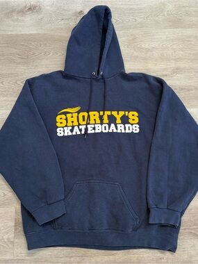 VTG 90s Shorty’s Skateboards Spellout Pullover Hoodie Sweatshirt USA MADE XL